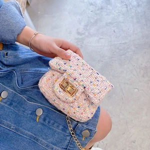 Pink woven tweed mini crossbody bag with gold chain strap and metallic lock for girls