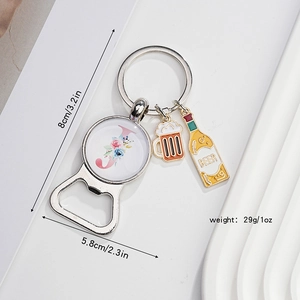 Silver bottle opener keychain with letter J charm and dimensions 8cm by 5.8cm