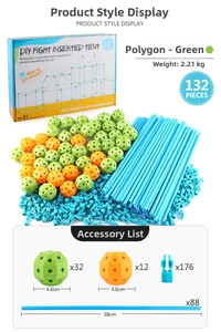 Detail list of 132pcs DIY fort building kit with 38cm blue rods and connection balls
