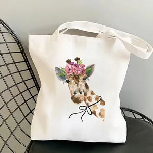 White canvas tote bag with watercolor giraffe and floral print for student use