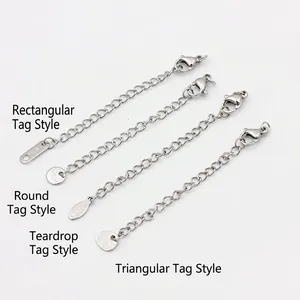 Stainless steel extension chains with S.STEEL engraved charms in various geometric shapes