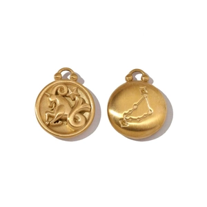 Macro detail of gold Capricorn zodiac charms with celestial relief and star map symbols