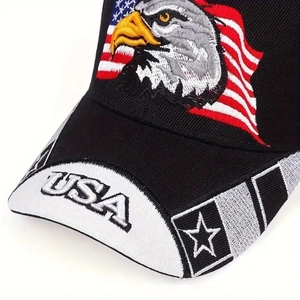 Black baseball cap with eagle embroidery and USA flag detail on a curved brim