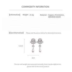Detailed size specifications for silver vintage pearl earrings with rhinestones
