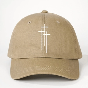 Adjustable khaki cotton baseball cap with white triple cross print and curved brim