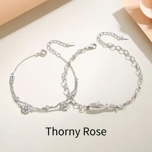 Bracciale Collana Anello per Coppia in Argento Sterling 925 Con Rosa e Spine Gioielli Romantici Design Originale Regalo Amanti