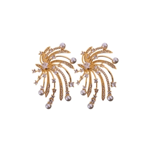 Starburst gold earrings with white pearls and sparkling cubic zirconia stones