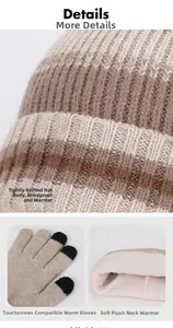 Detail of warm winter set showing knit hat stripes, touch gloves and fleece neck lining