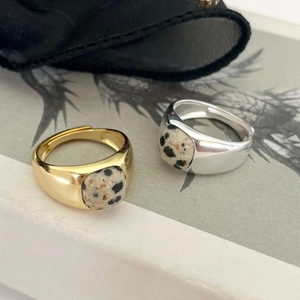 Minimalist 925 Sterling Silver Dalmatian Jasper Ring Adjustable Open Finger Jewelry For Women French Style