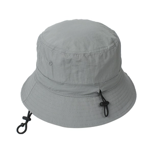 Detail of gray nylon sun hat with breathable eyelets and adjustable chin strap