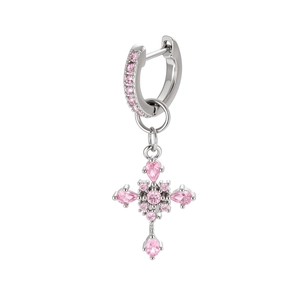 Silver hoop earrings with pink zircon cross pendant featuring sparkling stones