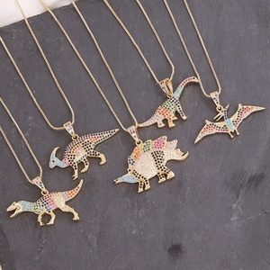 Hip hop style gold dinosaur pendants with colorful zircon inlay on metal chains