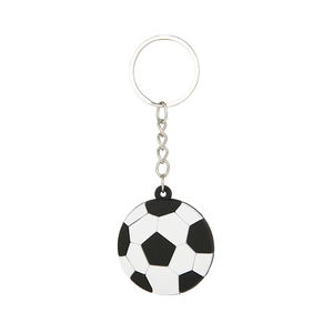 Close-up of a 3D soccer ball keychain made of soft PVC with a silver metal ring