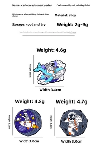 Detailed view of astronaut enamel pins with dimensions and weight measurements