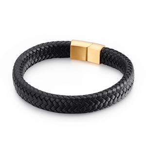 Men's minimalist black braided leather bracelet with golden matte magnetic clasp