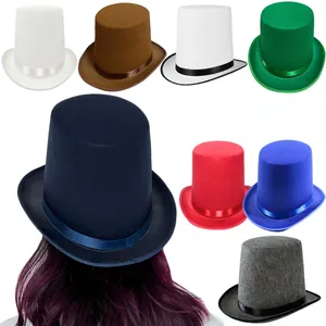 Detailed grid of 20cm felt top hats in black, white, brown, red, and blue for parties