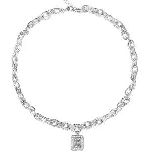 Polished titanium steel chain necklace with sparkling rectangular crystal pendant