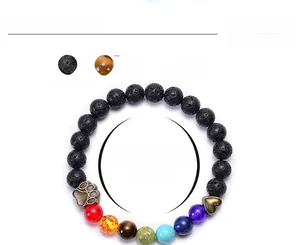 Details des 8mm Lavastein Chakra Armbands mit Tigerauge sowie Pfoten und Herz Anhänger