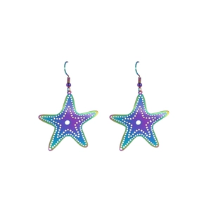 Detail of laser iridescent starfish earrings with colorful gradient and white dots