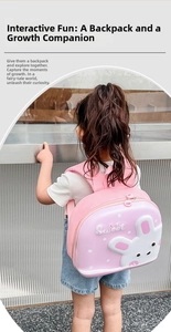 Rear view of toddler wearing a pink hardshell bunny backpack with padded straps