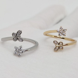Adjustable Open Ring Butterfly Flower Design Copper Cubic Zirconia Paved Elegant Jewelry For Women