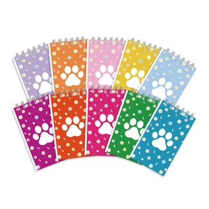 Set of 10 colorful mini spiral notebooks featuring cute paw prints and bone patterns