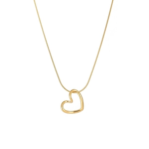 Titanium steel gold hollow heart necklace with delicate snake chain on white background
