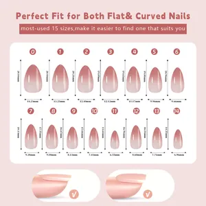 Size chart showing 15 different dimensions for gradient pink almond press-on nails