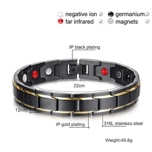 Herren Magnetfeldtherapie Armband aus 316L Edelstahl mit Gold und Schwarz IP-Beschichtung