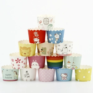 Vibrant muffin paper cups with colorful patterns like Hello Kitty and Doraemon designs