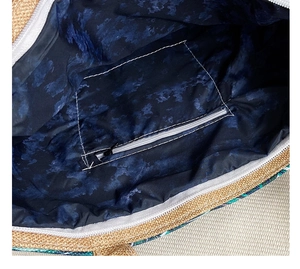 Top-down view of the spacious camouflage interior and zipper pocket in a canvas tote bag
