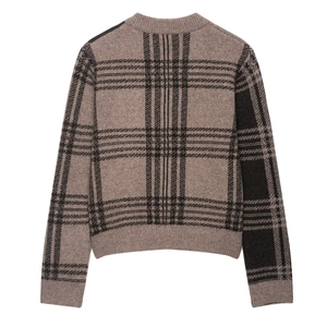 Back view of stylish khaki plaid knit sweater with rib-knit cuffs and crew neckline