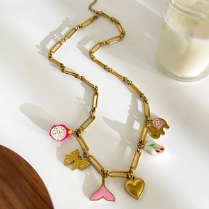 Golden paperclip chain necklace with colorful butterfly, fish tail and elephant charms