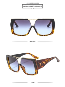 Detail view showing black and leopard print frame with grey-blue gradient lenses