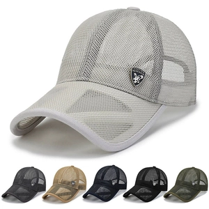 Mesh baseball caps detail showing six color options including grey and khaki finishes
