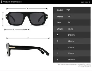 Detailed sizing chart and technical specifications for square polarized sunglasses