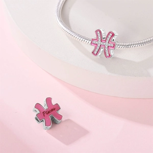 Macro shot of silver Pisces zodiac charm with pink enamel and sparkling zircon detail