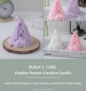 Detailed view of feather person shaped scented candles in various Morandi colors