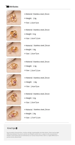 Detailed specs of gold stainless steel rings with pink zircons and product dimensions