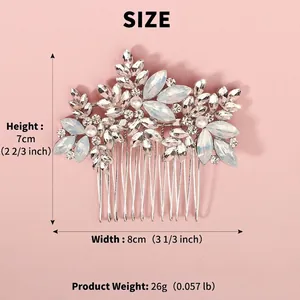 Size chart showing height 7cm and width 8cm for bridal hair comb with silver leaf design