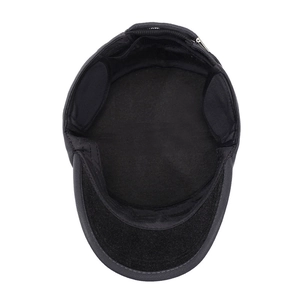 Winter men's black wool flat cap with thermal fold-out ear flaps and warm lining