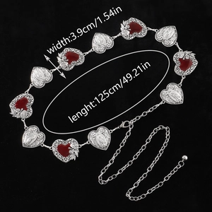Detail view of silver heart waist chain with red enamel roses and lobster clasp closure