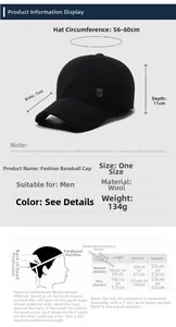 Detailed size chart for men's winter wool baseball cap showing peak and circumference