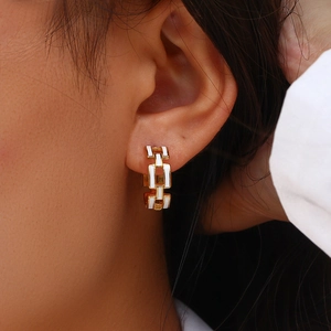Minimalist 18K gold plated hollow chain link earrings with white enamel rectangle details