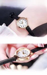 Detail view of Gedi ladies watch with white Roman dial and slim black leather strap