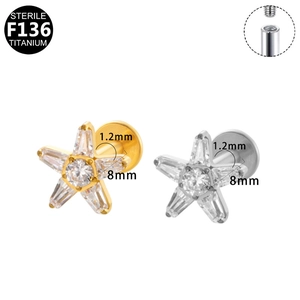 F136 titanium star studs in gold and silver showing internal thread and 1.2x8mm size