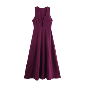 Robe Maxi Col En V Profond Sans Manches Découpe Taille Haute Boucle Métallique Élégant Couleur Unie Femmes