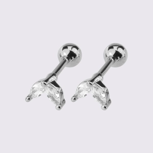 Silver leaf stud earrings with marquise cubic zirconia and secure screw back closure