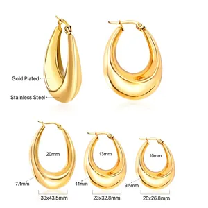 French vintage style gold plated oval hoop earrings in three sizes with dimensions guide