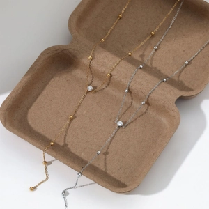 Elegant gold and silver Y-shape long pendant necklaces with small beads and zircon stones